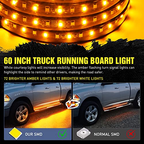 Nilight 트럭 러닝 보드 조명 2피스 152.4cm(60인치) LED 사이드 메이커 화이트 커티시 라이트 및 순차 앰버 방향 지시등 스트립 키트 트럭 픽업 SUV용 - color: 152.4cm(60인치) 러닝 보드 조명 화이트/앰버