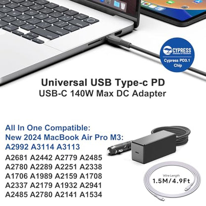 HKY 140W 135W 130W 100W 95W 90W USB-C Laptop Car Charger PD3.1 12V-24V DC Adapter for MacBook Pro 16" /MacBook Air,Dell XPS/Latitude/Precision/Chromebook,Lenovo,HP,Asus,Toshiba/Steam Deck/Tablet/Phone