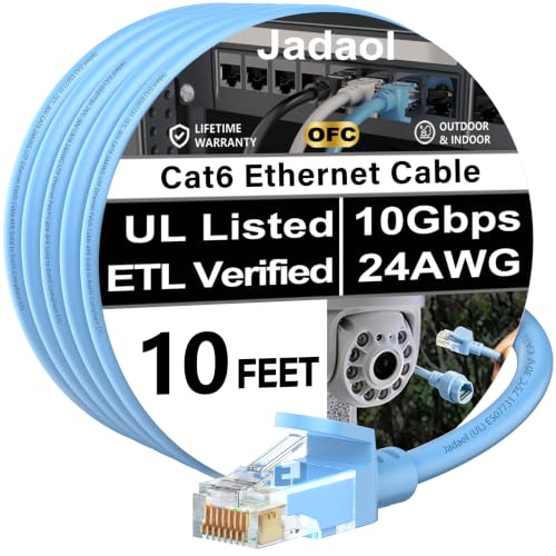 Jadaol [UL Listed] Snagless Cat6 Ethernet Cable 10 ft 10Gbps, PoE++, Blue - color: Blue, size: 10ft, style: Round