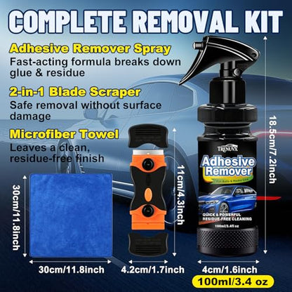 Adhesive Remover, Sticker Remover for Car Paint & Glass – Spray that Dissolves Decal, Glue & Tape Residue, Safe on Surfaces, Removes Sticky Labels, Includes Scraper, Spatula & Towel, 3.4oz/100ml