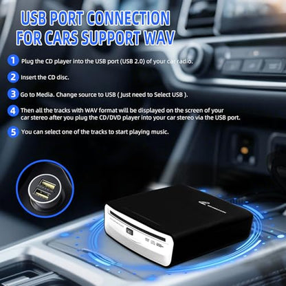 Car External CD Player, USB/AUX/FM Multi-Connection, Compatible with Car/TV/Mac/Laptops/Desktops/PC, Supports Android 4.4+ Navigation | Bovrou