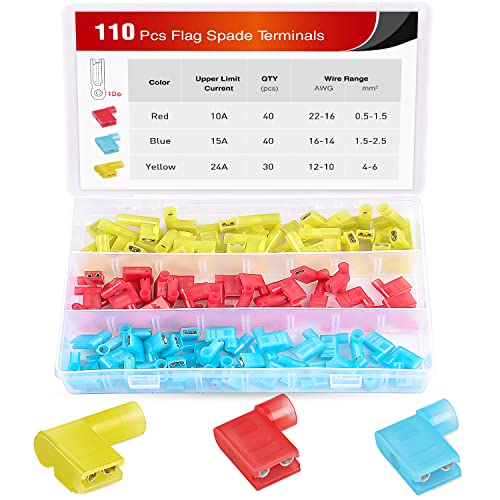 Nilight 110PCS Nylon Flag Spade Insulated Quick Disconnect Terminals | Copper Core Electrical Crimp Spade Connectors Female for 22-16AWG 16-14AWG 12-10AWG Wires for Automotive Wiring Project - color: 110PCS Flag Spade Crimp Terminals