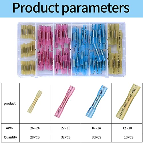100 Pcs Heat Shrink Butt Connectors Kits, 10-26 AWG Butt Splice Electrical Wire Connectors Kit, Insulated Waterproof Marine Automotive Crimp Terminals Butt Splice Terminals Connectors