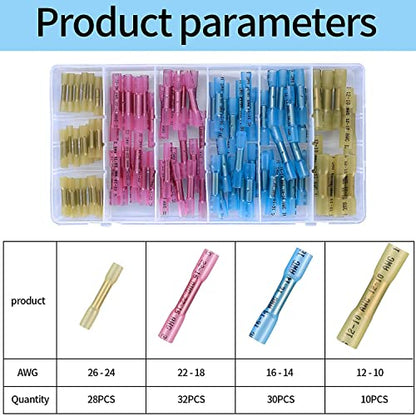 100 Pcs Heat Shrink Butt Connectors Kits, 10-26 AWG Butt Splice Electrical Wire Connectors Kit, Insulated Waterproof Marine Automotive Crimp Terminals Butt Splice Terminals Connectors