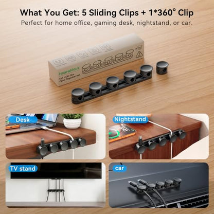 5 in 1 Magnetic Cord Organizer Set + 1 * 360°Rotating Cable Clips [ 1S Lock & Cable Smooth Adjustable] Strong Adhesive Cord Holder for Car Office Desk Cable Management, Desk Accessories for Men Women