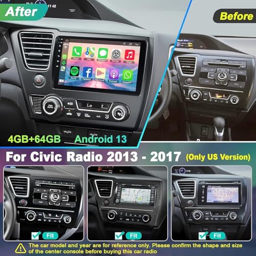 4G+64G Car Radio for Honda Civic 2013-2017(Only US Version) with Wireless Carpaly & Android Auto,9 Inch IPS Touch Screen Car Stereo with GPS Navigation/Bluetooth 5.2/FM/Backup Camera/WiFi/SWC/HiFi - color: For Civic 2013-2017 US Version