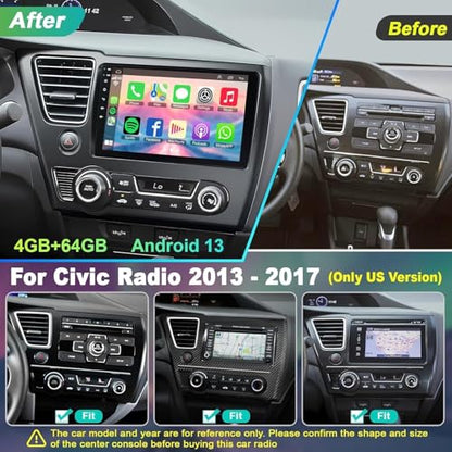 4G+64G Car Radio for Honda Civic 2013-2017(Only US Version) with Wireless Carpaly & Android Auto,9 Inch IPS Touch Screen Car Stereo with GPS Navigation/Bluetooth 5.2/FM/Backup Camera/WiFi/SWC/HiFi - color: For Civic 2013-2017 US Version