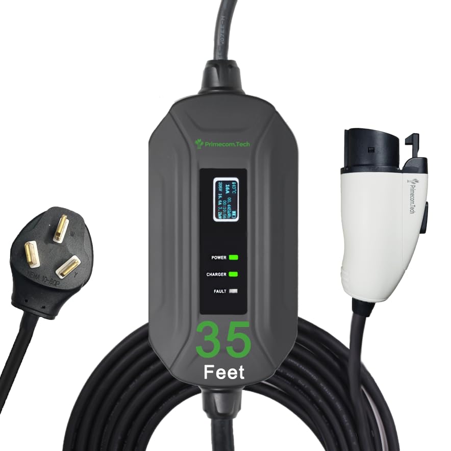 PRIMECOM Level 2 Electric Vehicle (EV) Charger (220V / 240Volt, 16Amp) Portable EVSE Smart Electric Car Charger, 30', 40', and 50 Feet Lengths (NEMA 10-50P, 35 Feet)