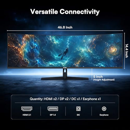 49 Inch Curved Ultrawide Monitor, DQHD 5K, 165Hz | 32:9 1500R VA Display, 1ms MPRT, G-Sync & FreeSync, HDR400, 127% sRGB, Adjustable Stand, HDMI & DP, VESA, Gaming & Creating - size: 49 inch