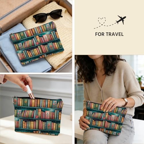 Book Lovers Gifts Makeup Bag, Bookshelf Cosmetic Bags Travel Organizer Bag - color: Multicolor 014