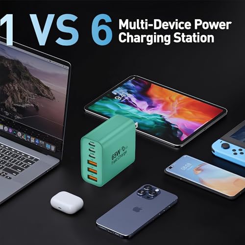 65W USB C Charger Block,6-Port Multi Device Fast Charger PD QC Wall Adapter - color: Green, size: 65w
