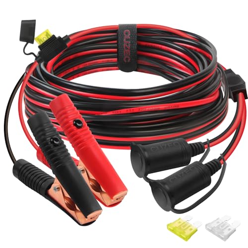 CUZEC 14ft /4.27 m 14 AWG Extension Cord Dual Plug Socket with Battery Clamp 12V/ 24V Battery Clip-On and Cigarette Lighter Adapter