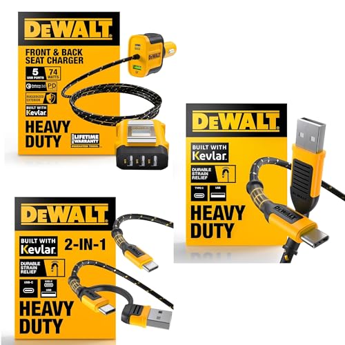 DEWALT Heavy Duty 72W 5 Port USB Car Charger Multiport w/ 6FT Cable