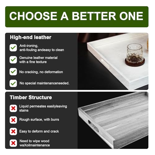 20 x 14 inches Leather Rectangle Serving Tray with Hole Handles,High-End Light Large Service Tray for Ottoman Tray, Tea, Food, Butler - Countertop, Kitchen,Family Dinner, Picnic (White) - color: White, size: 20" x 14" x 2"