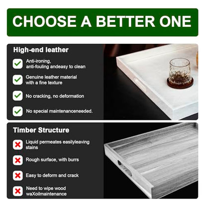 20 x 14 inches Leather Rectangle Serving Tray with Hole Handles,High-End Light Large Service Tray for Ottoman Tray, Tea, Food, Butler - Countertop, Kitchen,Family Dinner, Picnic (White) - color: White, size: 20" x 14" x 2"