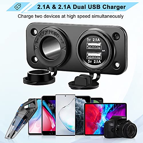 ELECTOP Cigarette Lighter Socket Outlet Splitter, 12V USB Outlet USB Charger 12 Volt Socket Power Outlet with LED, Waterproof Power Socket Panel Adapter DIY Kit Dual USB Ports for Car Boat Marine RV