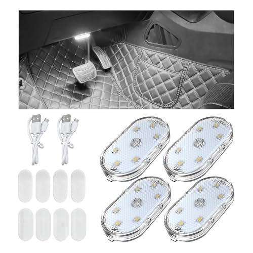 KVAEY 4 PCS Car LED Lights Interior Wireless, 7 Colors Magnetic Auto Ambient Light with 6 Bright LED Lamp Beads, Portable USB Rechargeable Vehicle Interior Led Night Light (White, Sticky, 4pcs) - color: White, Sticky, size: 4pcs
