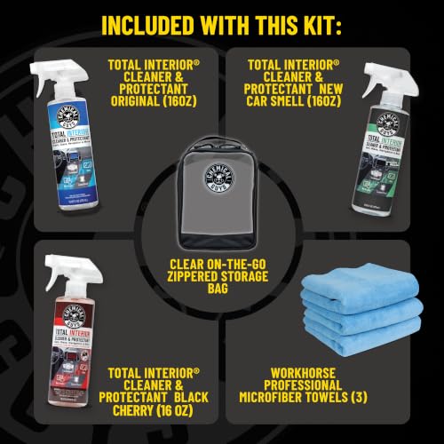Chemical Guys, Total Interior Cleaner Variety Kit, New Car & Black Cherry - size: 48 Fl Oz (Pack of 1), style: 3-Pack + Towel