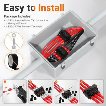 Joinfworld 3 Port Insulated Multi Tap Connector 250MCM-6 Gauge Wire Connectors Aluminum to Copper Wire Connectors Dual Entry Black Electrical Cable Connectors with Slotted Allen Hex - 4 Pack - size: 250MCM-6 AWG