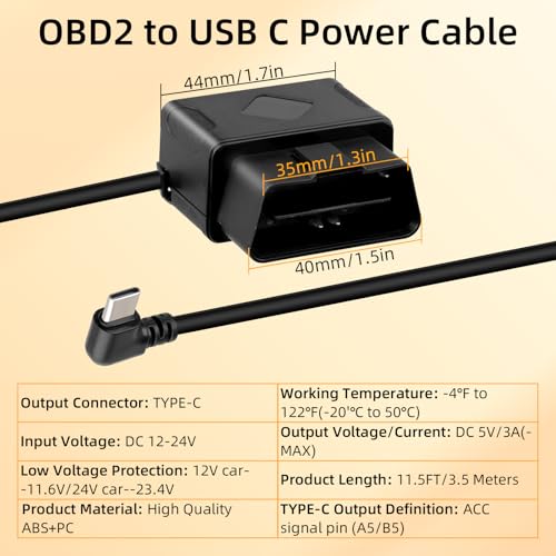GELRHONR OBD Hardwire Kit, OBD2 to Right Angle USB C Power Adapter Cable for Dash Camera with LED Display and Low Voltage Protection, 12-30V to 5V/3A 24 Hours Surveillance and Acc 2 Mode,11.5FT