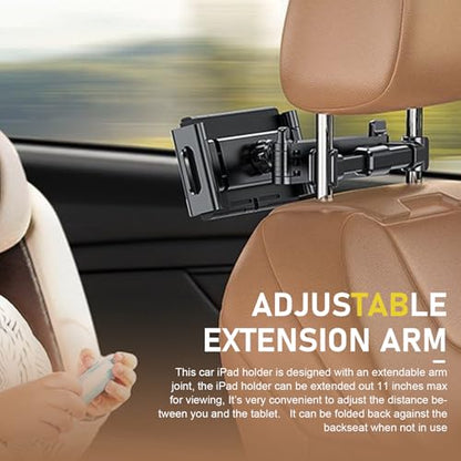 Car Headrest Tablet Holder, (3 in 1 Extension Arm) Adjustable Rear Seat Headrest Tablet Holder for Gaming Movies Chatting, Road Trip Essentials for Kids (5.3-10.6")