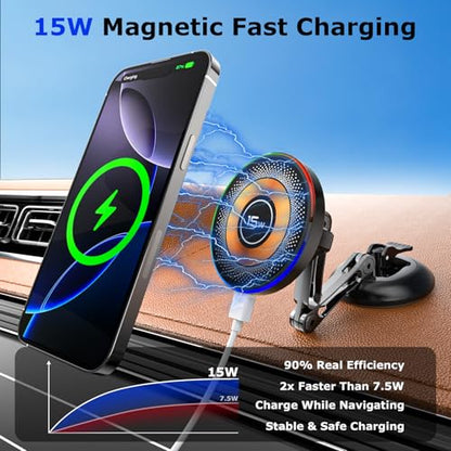 15W Magsafe 자동차 마운트 충전기용, 진공 360° 조절 가능한 금속 헤드가 있는 마그네틱 무선 자동차 마운트 충전기 [54.4kg(120파운드) 강력한 흡입력], 아이폰 12–17 시리즈용 차량용 휴대폰 홀더