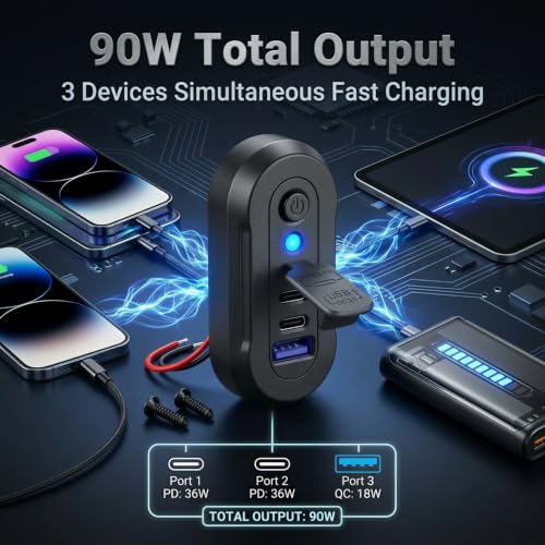 90W 12V RV USB Outlet 3 Port Wall Mount Quick Car Charger Waterproof - color: Black, size: 1P