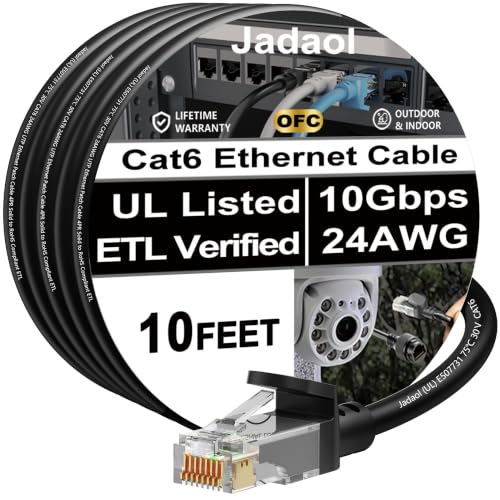 Jadaol [UL Listed] Snagless Cat6 Ethernet Cable 10 ft 10Gbps, PoE++, Black - color: Black, size: 10ft, style: Round