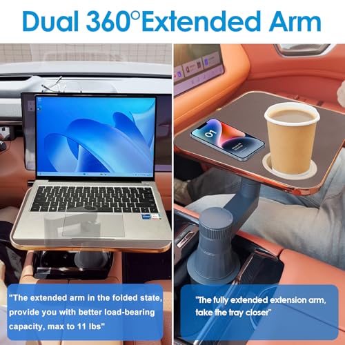 Car Tray& Car Desk for Laptop,Dual 360° Rotating,Anti Slip Leather Surface, Food Tray, Cup Holder Table Compatible with Tesla Model Y/3/S, Ford F150/Explorer/Maverick/Home Theater Seating (Brown) - color: Brown