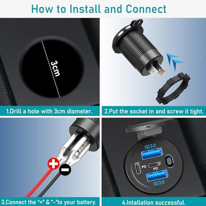 12V USB C Outlet 90W 4Port (Dual PD 36W + Dual QC 18W) Fast Charging Socket