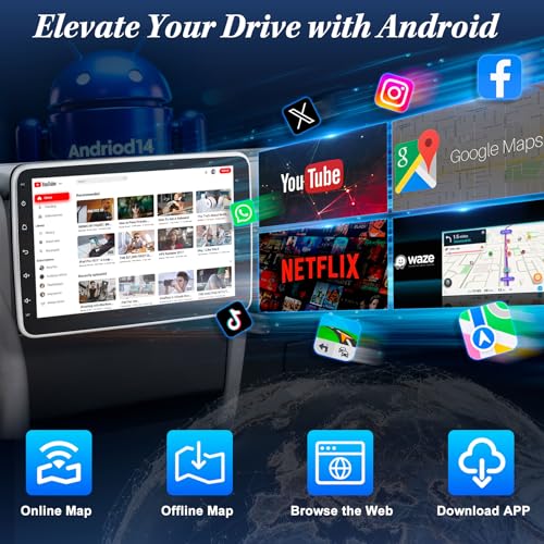 [2G+64G] 10.1" Single Din Bluetooth Car Radio Stereo with Wireless Apple Carplay Android Auto, Rotatable Touchscreen Car Audio Receivers Head Unit with Backup Camera, Mirror Link/SWC/AM/FM, Android 14