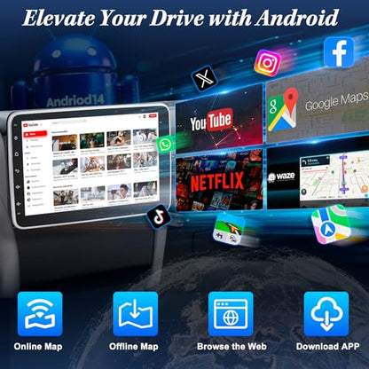 [2G+64G] 10.1" Single Din Bluetooth Car Radio Stereo with Wireless Apple Carplay Android Auto, Rotatable Touchscreen Car Audio Receivers Head Unit with Backup Camera, Mirror Link/SWC/AM/FM, Android 14