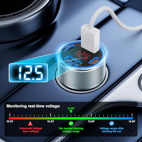 Car Phone Charger for iPhone 17 16 15, Besgoods USB C Car Charger Adapter 4 Ports with Voltmeter PD&QC Fast Charging Cigarette Lighter for Galaxy S25 S24 S23 A16 Dash Cam, with 6ft USB C to C Cable - color: grey charger+white cable