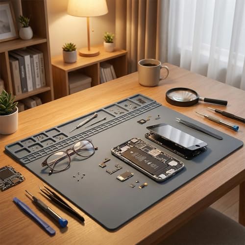 Silicone Repair Mat Non-Slip Workbench Pad for Soldering Heat Gun and Electronics Repair Anti-Static Desk Organizer for Watchmaker DIY and Phone Maintenance (Gray)