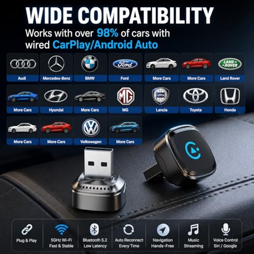 Wireless CarPlay Adapter, 2026 Upgraded Wired to Wireless for Apple CarPlay & Android Auto, Mini USB Design Car Play Adapter with Type-C Extension, Plug and Play, Stable Connection & No Latency