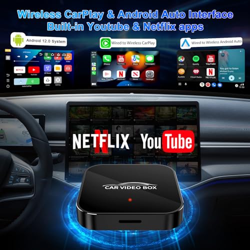 Wireless Carplay Adapter with YouTube, 2025 Carplay Wireless Adapter & Android Auto Dongle Easy to Setup,5GHz WiFi,Video Box Convert Wried to Wire Less Car Play Stream to Your Car