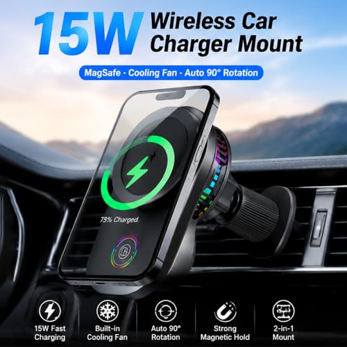 Wireless Car Charger Mount, 15W Fast Charging MagSafe Phone Holder with Cooling Fan, Auto 90° Rotation, Vent & Dashboard Mount for iPhone 17/16/15 Pro Max, Samsung S25/S24