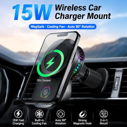 Wireless Car Charger Mount, 15W Fast Charging MagSafe Phone Holder with Cooling Fan, Auto 90° Rotation, Vent & Dashboard Mount for iPhone 17/16/15 Pro Max, Samsung S25/S24