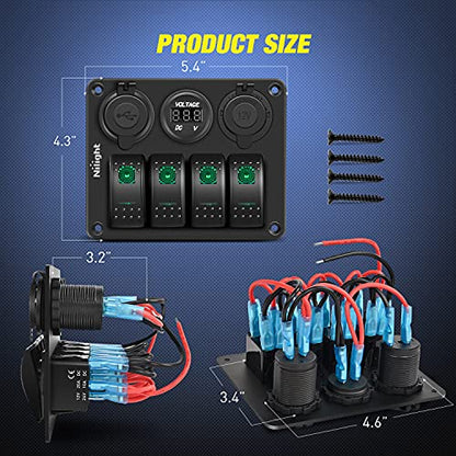 Nilight 4 Gang Rocker Switch Panel SPST On Off 12 Volt Toggle Green - color: Green, size: 4+3 Gang Dual USB