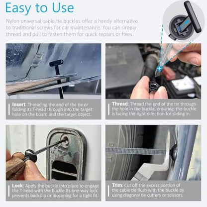 Nylon Universal Cable Tie Buckle T-Shaped,Plastic Rivets Self-Locking Nylon Zip Ties Holder for Car Daily Repair Bumper Clips, Repairing Car Fenders Trunk Bumpers Automotive