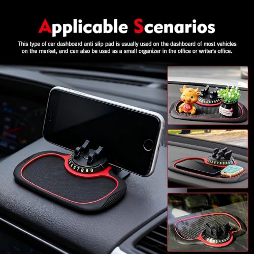 Multifunctional Car Anti-slip Mat, Car Dashboard Anti-slip Pad with Temporary License Plate, 360° Rotatable Dashboard Phone Mount, for Most Cars, Trucks, SUVs (Black & Red)