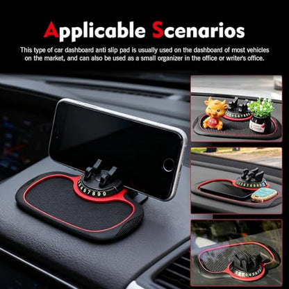 Multifunctional Car Anti-slip Mat, Car Dashboard Anti-slip Pad with Temporary License Plate, 360° Rotatable Dashboard Phone Mount, for Most Cars, Trucks, SUVs (Black & Red)