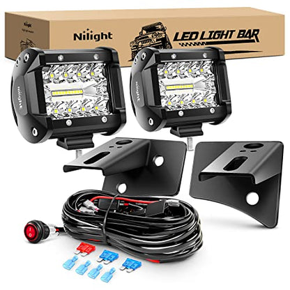 Nilight 2Pcs 4Inch LED Pods Bar Triple Row 60W Flood Spot Combo 6000LM Driving Off Road with 2007-2017 Wrangler JK/JKU 2DR 4DR A-Pillar Windshield Hinge Mounting Brackets Wiring Harness Kit - color: Led Pods+ Wiring +JK Mounting
