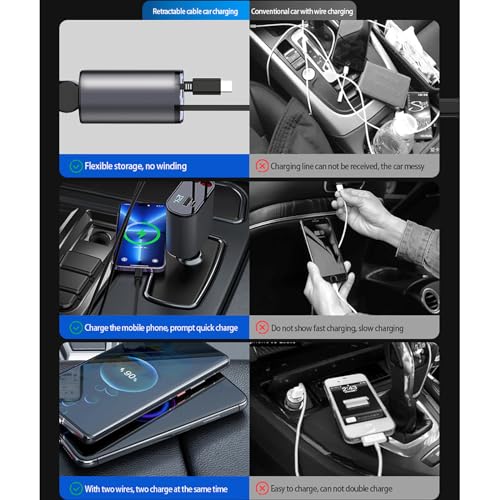 Retractable Car Charger for iPhone 15 Pro Max, Car Cigarette Lighter 66W Fast USB C Phone Charger, 4 in 1 Retractable Type C Car Charger for iPhone/MacBook Pro/Air,Huawei