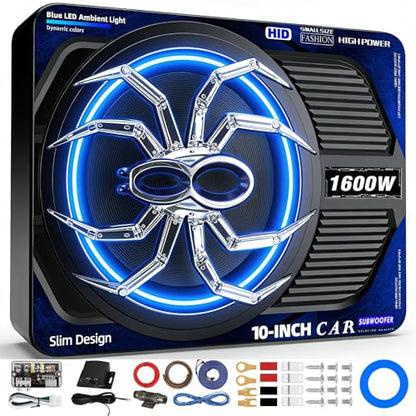 1600W Slim Underseat Car Subwoofer and Amp Package, Powered Subwoofer Car Audio with Built-in Class D Amplifier, Subsonic Deep Bass, Cast Aluminum, LED Ambient Light Switch,for Truck SUV Car
