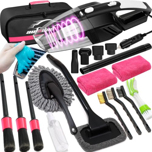 20Pcs Car Cleaning Wash Kit Interior Detailing Cleaner Kit with High Power Handheld Vacuum, Brush Set, Windshield Tool, Duster, Towels, Complete Car Care Tools, Pink - color: Pink, size: 20Pcs