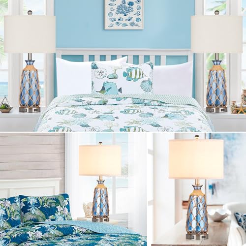 Ruzectt 25.5" Coastal Glass Table Lamps Set of 2, 3-Way Dimmable Touch Control Bedside Lamps with 2 USB Ports and AC Outlet, Blue Nautical Nightstand Lamps for Bedroom Living Room (LED Bulbs Included) - color: Blue