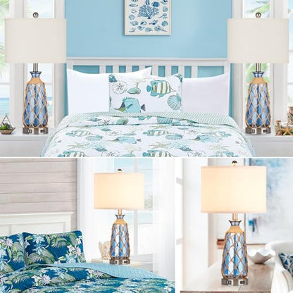 Ruzectt 25.5" Coastal Glass Table Lamps Set of 2, 3-Way Dimmable Touch Control Bedside Lamps with 2 USB Ports and AC Outlet, Blue Nautical Nightstand Lamps for Bedroom Living Room (LED Bulbs Included) - color: Blue
