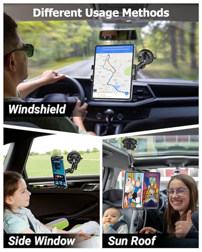 Car Cockpit Tablet Mount Suction, Vehicle Tablet Holder for Driver [Flexible Metal Arm] Dashboard Windshield Window Mounting for Tablets Phones, iPad, Galaxy Tab, Z Fold, iPhone, 4-13" Device