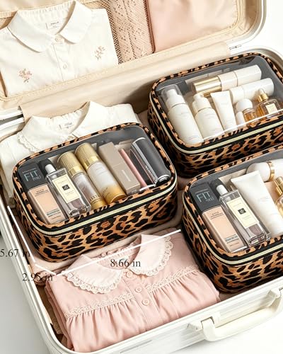 Clear Makeup Bag Set, TSA Approved Clear Toiletry Bag 3 Pack Carry on Travel Packing Organizer Bags Waterproof Clear Makeup Pouch Cosmetic Case with Zipper Car Accessories Essentials for Women - color: 3Pcs Leopard-M